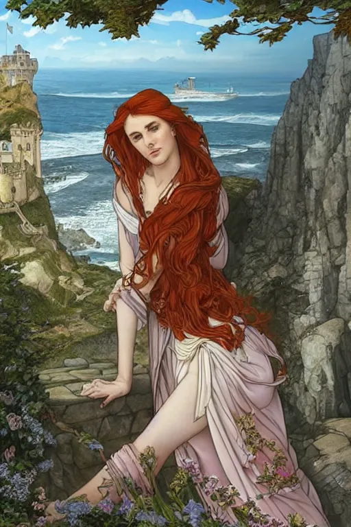 Image similar to a hyperdetailed tarot card of triss merigold as a princess asleep on a bed in a tower, sleeping princess!!!!, window that overlooking cliffs and crashing waves in the background, highly detailed, deep focus, elegant, digital painting, smooth, sharp focus, ultra realistic, 8 k, art by greg rutkowski and jeong seon and alphonse mucha