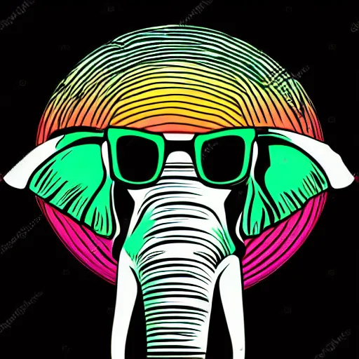 Image similar to a closeup of an elephant wearing shades, in retro colors, synthwave style, 2 d digital vector art