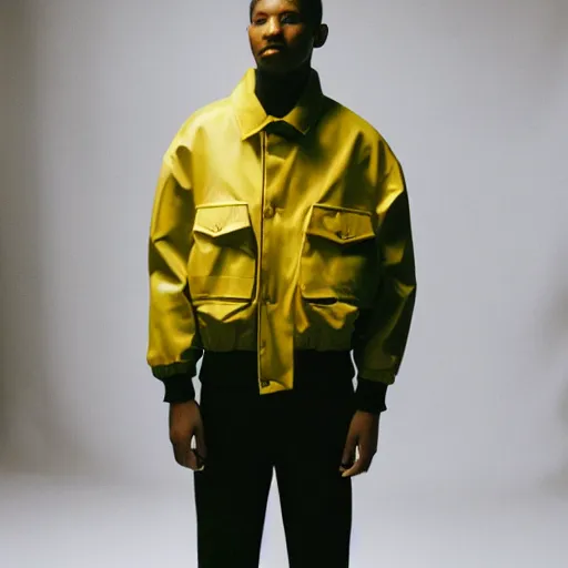 Image similar to realistic photoshooting for a new balenciaga lookbook color film photography of a beautiful woman model, model wears a workwear jacket, photo in style of tyler mitchell, ssense