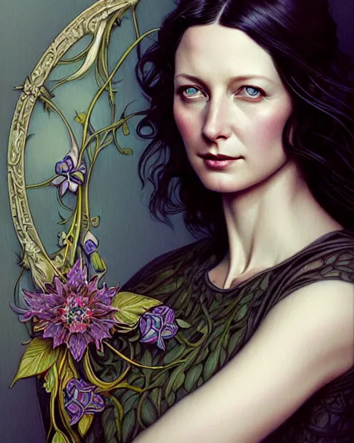 Image similar to beautiful and playful ethereal caitriona balfe ( outlander ) portrait, art nouveau, fantasy, intricate flower designs, elegant, highly detailed, sharp focus, art by artgerm and greg rutkowski and wlop