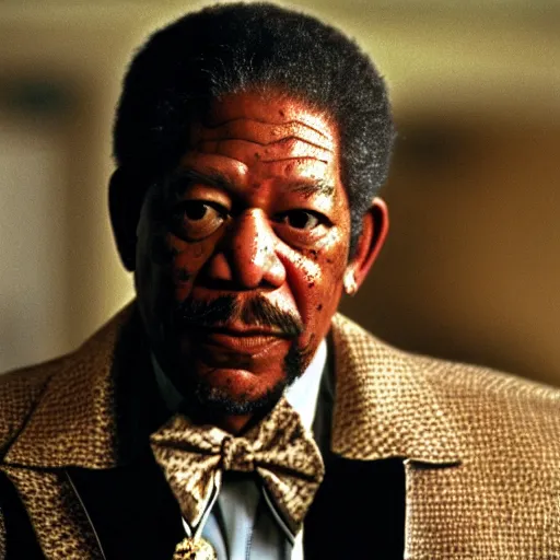 Image similar to a film still of Morgan Freeman dressed as a Pimp in a 1970s Blaxploitation film, 40mm lens, shallow depth of field, split lighting, cinematic