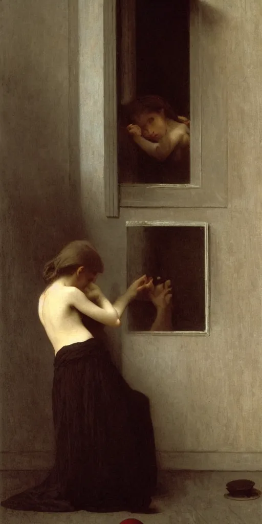 Image similar to dark, gloomy room. on the wooden floor lay red ball. volumetric lighting coming from the broken window. broken photos in frames on walls. chaotic view. creepy feeling. tiny spider hiding in the shadows. william - adolphe bouguereau. oil painting.