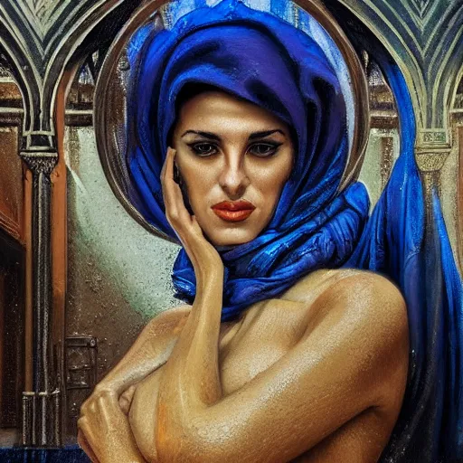 Image similar to detailed face of an arabic woman, opulent courtyard, moment, tectonic sky, skydome, reactor, utopian, tech noir, wet reflections, prism, atmospheric, ambient, pj crook, syd mead, livia prima, artgerm, greg rutkowski, nick alm, casey baugh