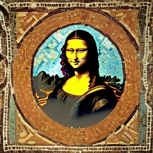 Image similar to a beautiful roman mosaic of the mona lisa painted on the floor of an early church, 1 0 0 ad, rome