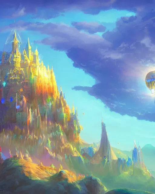 Image similar to flying cloud castle, bubble buildings, illustration, bright, blue sky, mountains, colorful, cinematic lighting, fantasy, high detail, masterpiece, artstation, 4 k, art by wylie beckert