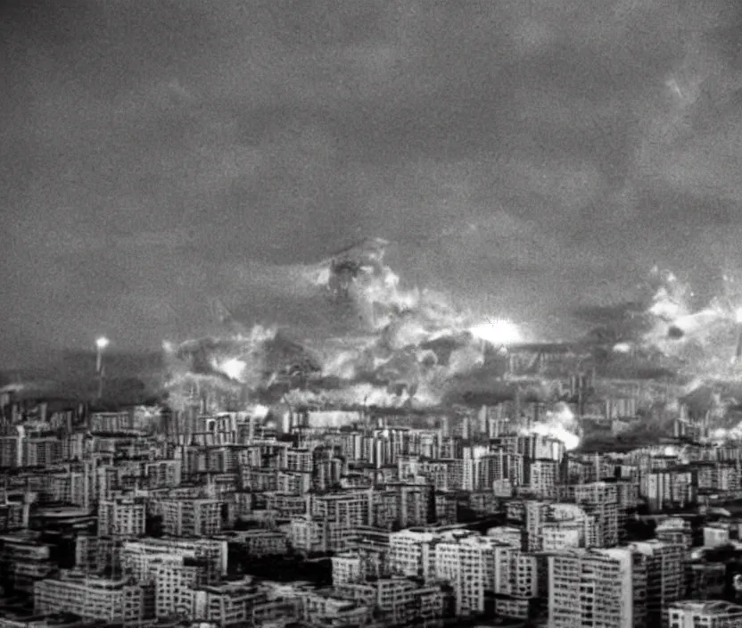 Image similar to Pulgasari the North Korean starfish monster destroying Pyongyang city, volumetric lighting, filmstill, produced by Kim Jong-il, Kodachrome, kaiju-eiga, monster! movie, communist propaganda, film noir, 35mm film grain, Cooke Varotal 20-100mm T3.1, in the style of Ishirō Honda and Stanley Kubrick