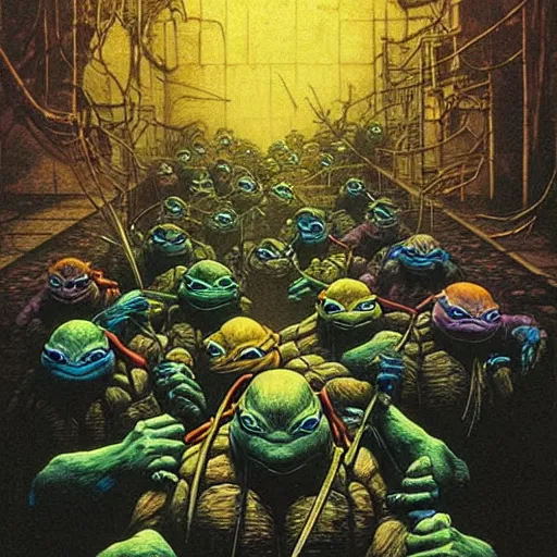 Prompt: ninja turtles by beksinski and tristan eaton, dark neon trimmed beautiful dystopian digital art