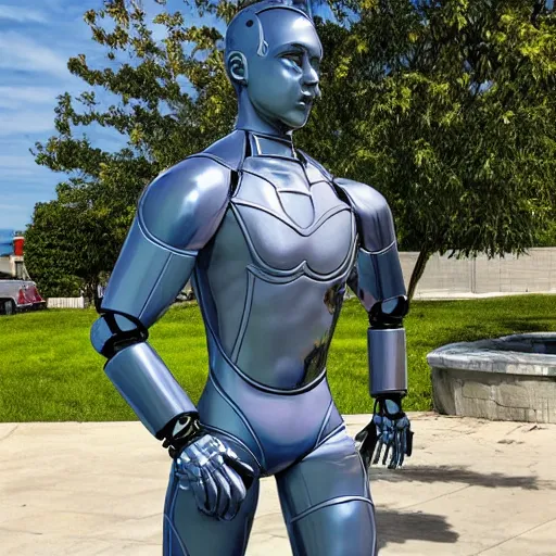 Image similar to a realistic detailed photo of a guy who is an attractive humanoid who is half robot and half humanoid, who is a male android, wrestler nick suriano, shiny skin, posing like a statue, blank stare, by the pool, on display, showing off his muscles, humanoid robot, frozen ice statue