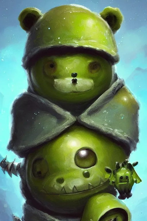 Image similar to cute anthropomorphic green slime jelly knight wearing a cape, tiny, small, miniature bear, baby slime , short, pale blue armor, cute and adorable, pretty, beautiful, DnD character art portrait, matte fantasy painting, DeviantArt Artstation, by Jason Felix by Steve Argyle by Tyler Jacobson by Peter Mohrbacher, cinematic lighting