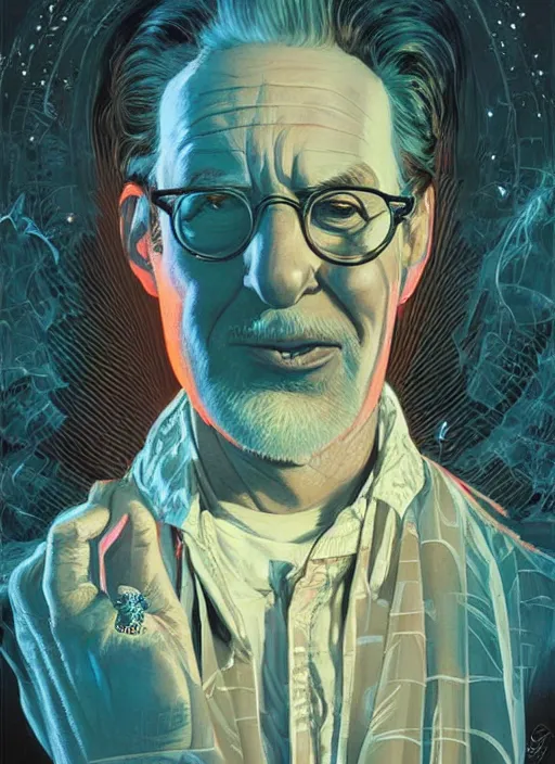 Image similar to poster artwork by Michael Whelan and Tomer Hanuka, Karol Bak of portrait of Steven Spielberg, from scene from Twin Peaks, clean