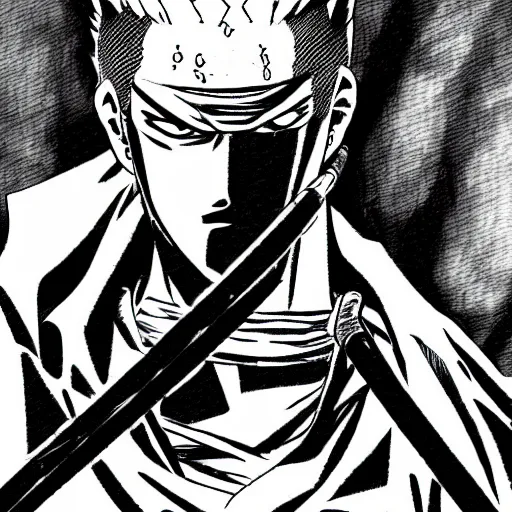 Prompt: Roronoa Zoro in Manga Berserk Style