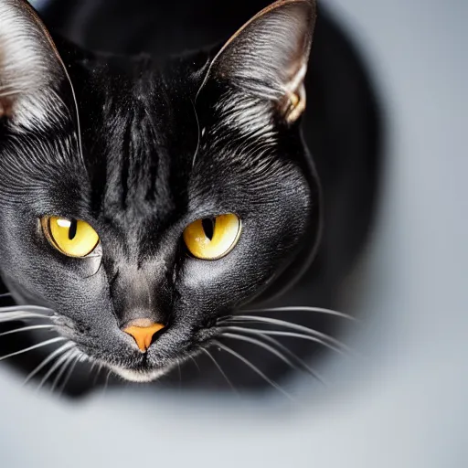 Prompt: national geographic photograph of a black american shorthair cat sitting in a white room