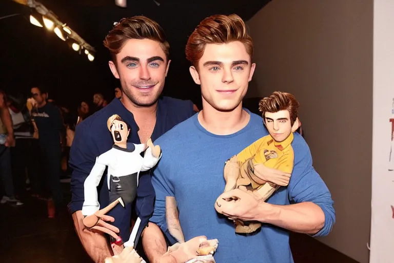 Image similar to studio lit zac efron holding a tom holland doll in one hand and a robert pattison doll in his other hand, zac efron looking at the camera very confused