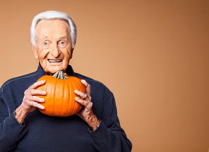 Prompt: studio portrait photo still of bob barker!!!!!!!! at age 7 3 years old 7 3 years of age!!!!!!! eating a pumpkin empanada, 8 k, 8 5 mm f 1. 8, studio lighting, rim light, right side key light