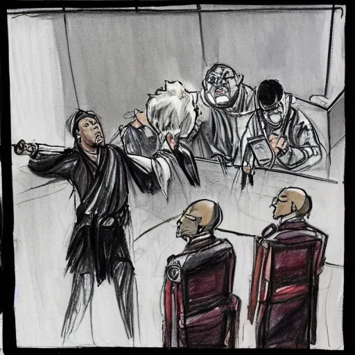 Prompt: Courtroom style sketch of UN members yelling at a cyborg samurai, fear and anger in their eyes, award winning , masterpiece