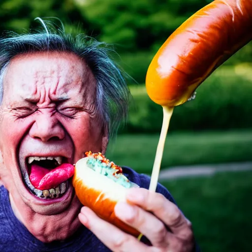 Image similar to portrait of an elderly man with a mullet haircut screaming at a hotdog, 🌭, canon eos r 3, f / 1. 4, iso 2 0 0, 1 / 1 6 0 s, 8 k, raw, unedited, symmetrical balance, wide angle