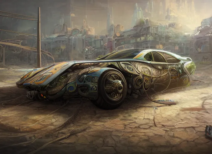 Image similar to detailed concept art illustration oil painting of a solarpunk muscle car in full intricate detail, ultra detailed, digital art, octane render, 4K, dystopian, micro details