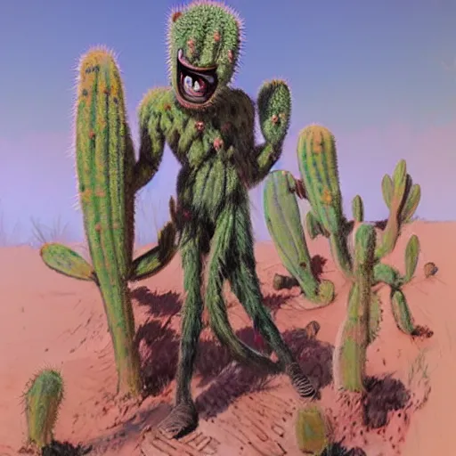 Prompt: Cactus man strikes again, concept art by James Gurney.