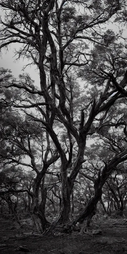 Prompt: dead old trees intricated together on a dry land,Highly Detailed, Cinematic Lighting, rim light, hyper real, black and white, photo-realistic Unreal Engine, 8K