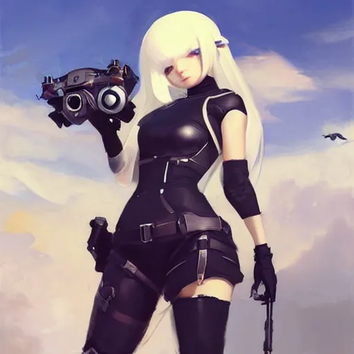 Prompt: greg manchess portrait painting of yorha 2 b with drone as overwatch character, medium shot, asymmetrical, profile picture, organic painting, sunny day, matte painting, bold shapes, hard edges, street art, trending on artstation, by huang guangjian and gil elvgren and sachin teng