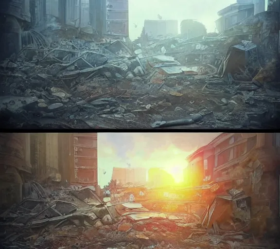 Prompt: an old-fashioned television, playing a sitcom, in a pile of rubble in the ruins of a house. Post apocalyptic, ruins, rubble, gloomy. By Makoto Shinkai, Stanley Artgerm Lau, WLOP, Rossdraws, James Jean, Andrei Riabovitchev, Marc Simonetti, krenz cushart, Sakimichan, trending on ArtStation, digital art.