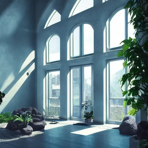 Image similar to modern interior with arched windows, natural sunlight, summer, hanging plants, cinematic, cyberpunk, lofi, calming, dramatic, fantasy, by zdzisław beksiński, Fantasy LUT, high contrast, epic composition, sci-fi, dreamlike, surreal, angelic, cinematic, 8k, unreal engine, hyper realistic, fantasy concept art,