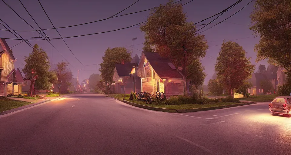 Prompt: a quaint suburban street at night, realistic rendering, unreal engine, 4k, hdr, high dynamic range, f12, by simon stalenhag