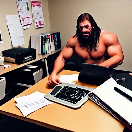 Prompt: professional wrestlers scattered around a small office room and all of them are helping do taxes and accounting, WWE, wrestlers, office room, bright lighting, messy desks, digital photo