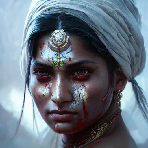 Image similar to portrait painting of a muscular bloodied indian girl, ultra realistic, concept art, intricate details, eerie, highly detailed, photorealistic, octane render, 8 k, unreal engine. art by artgerm and greg rutkowski and alphonse mucha