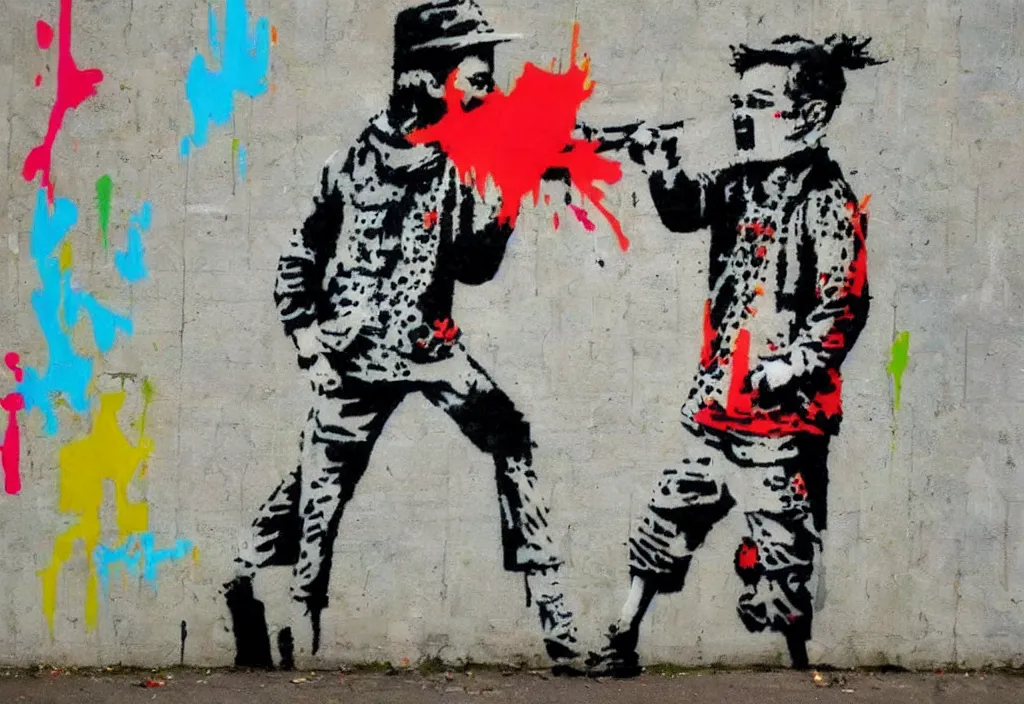 Image similar to full color banksy graffiti anti art, rage against the status quo, detailed, realistic, glitch art effect