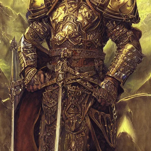 Prompt: Fantasy style portrait of a male paladin, castle setting, intricate, elegant, highly detailed, matte, sharp focus, illustration, art by Donato Giancola and Bayard Wu, gustav moreau, goward, wayne barlowe