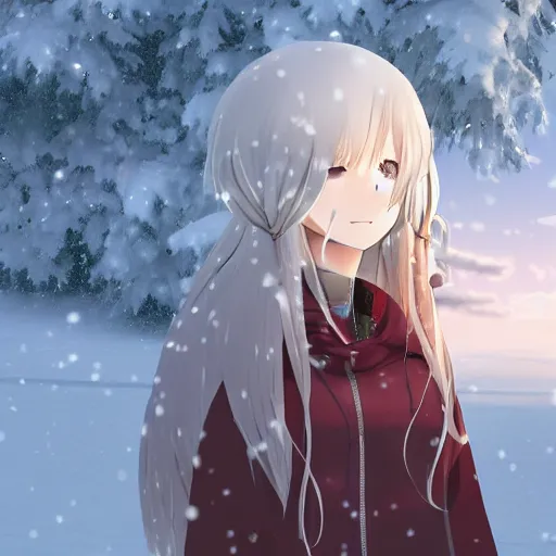 Prompt: an anime girl with white long hair in a snowy tundra, finely detailed, snow, beautiful, foggy,