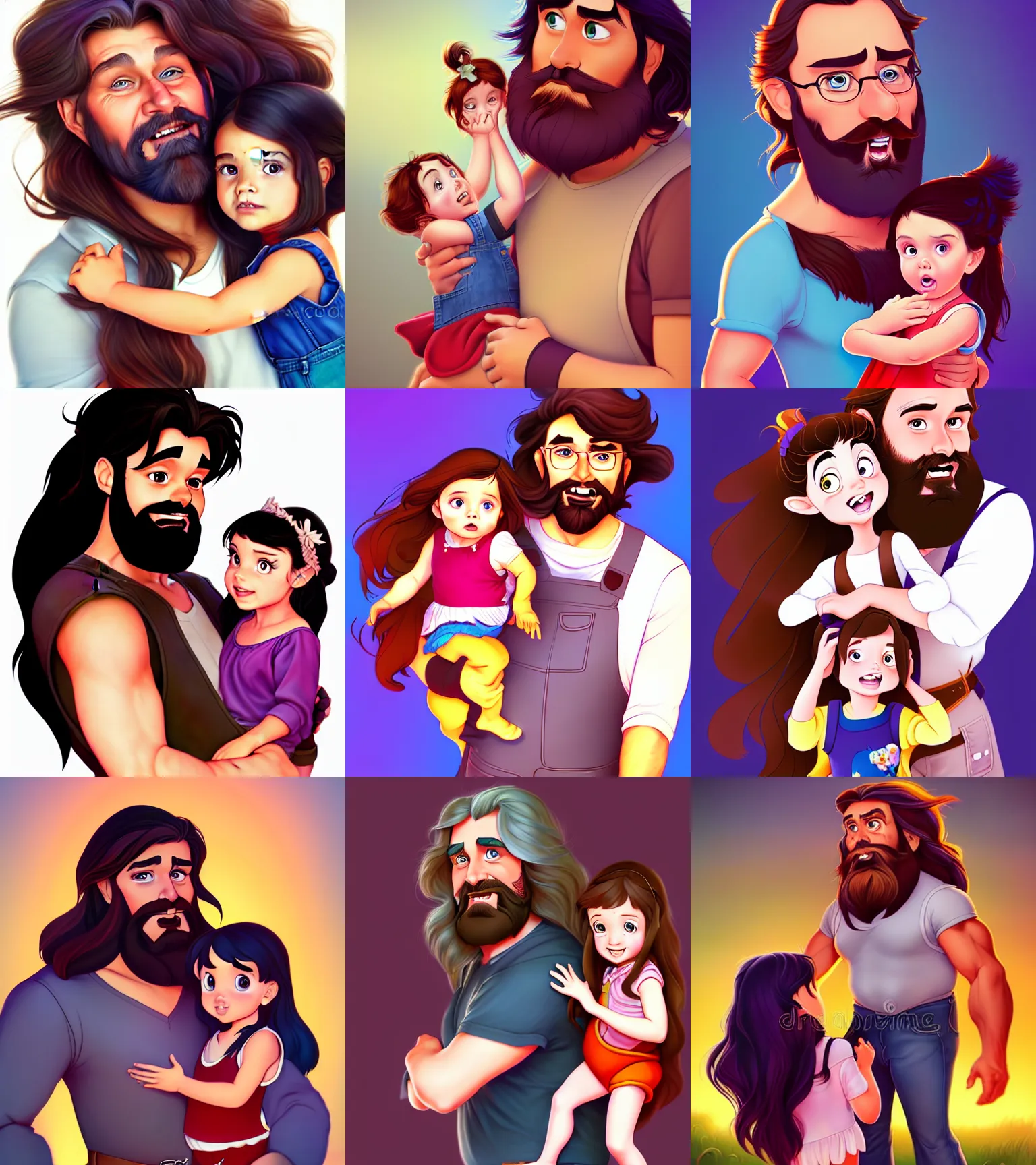 Image similar to a long - haired bearded father and his brunette child toddler girl wearing a overall full color digital illustration in the style of don bluth, artgerm, artstation trending, 4 k