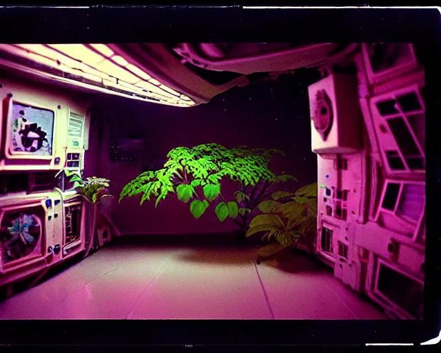 Prompt: low angle shot of a space station at night, aquatic plants, coral, shabby chic, cinematography by Jim Jarmusch, composition by Moebius, in the style of Lin Xiao, set design by Antonin Gaudí, 35mm, polaroid, color film photography, soundtrack by Pink Floyd, written by James Joyce