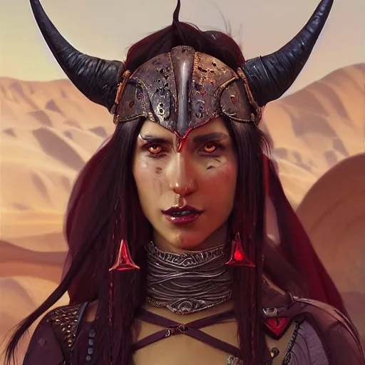Prompt: portrait of a berber tiefling woman with red skin, devil horns and black hair in a ponytail wearing a steel chestplate in a desert, fantasy, highly detailed, digital painting, artstation, concept art, character art, art by greg rutkowski, tyler jacobson, alphonse mucha, ross tran and makoto shinkai