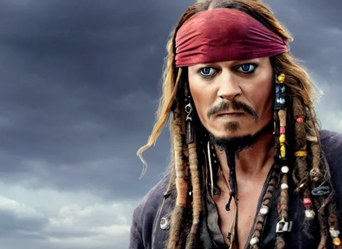 Prompt: film still of john cena as captain jack sparrow in the new pirates of the carribean movie, 4 k