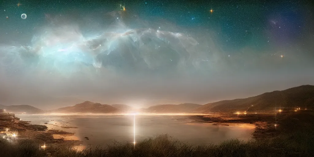 Prompt: a beautiful!!! double exposure of the astronomy picture of the day, nebula!, with a rural seaside village landscape at night, soft white light, muted, neutral light, light blue tones, long exposure clouds, unreal engine