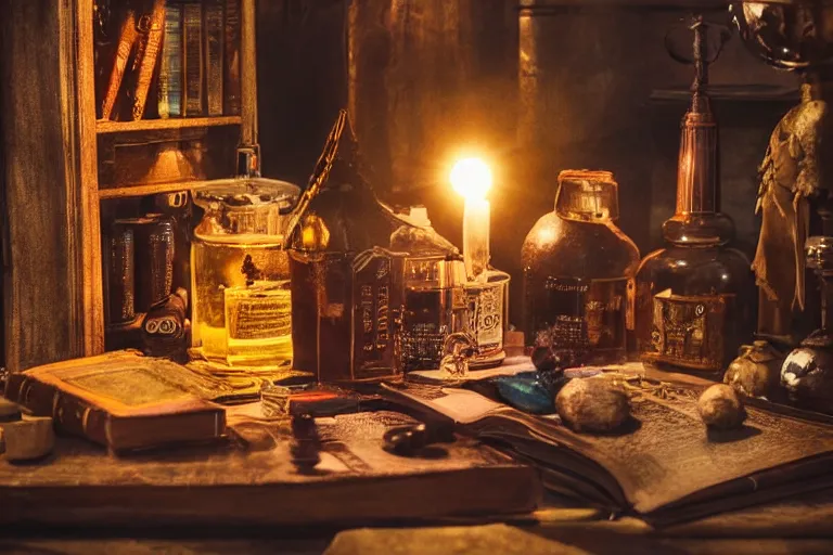 Image similar to five separate glowing potions on a wooden shelf, magical potions, fantasy history, 1 2 century photograph captured in an office