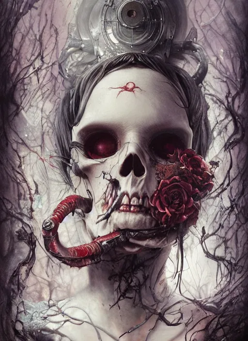 Image similar to Alice drinking tea,death tarot card,highly detailed,half skull face,cinematic,8k,by Stanley Artgermm,Tom Bagshaw,Greg Rutkowski,Carne Griffiths, Ayami Kojima, Beksinski, Giger,trending on DeviantArt,hyper detailed,horror, full of colour