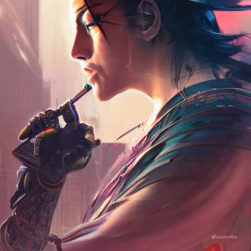 Image similar to cyberpunk samurai ,with techware , D&D, intricate, elegant, highly detailed, digital painting, japanese , altered carbon style,trending on artstation, concept art, illustration, art by Artgerm and Greg Rutkowski and Alphonse Mucha