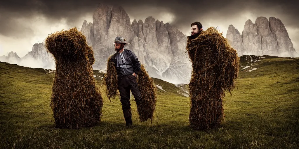 Prompt: alpine farmer transforming into hay monsters ,roots and hay coat, dolomites in background, dark, eerie, despair, portrait photography, artstation, highly detailed, sharp focus, by cronneberg