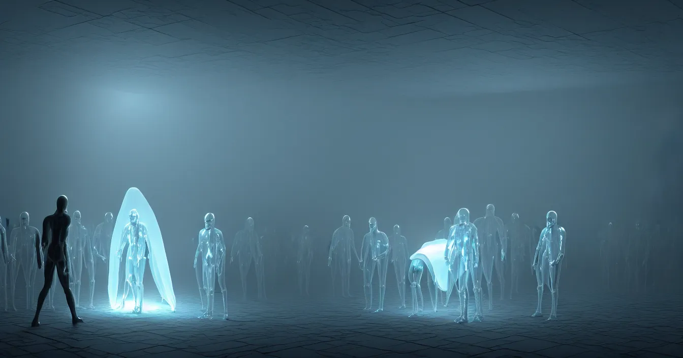 Prompt: the funeral of a famous translucent alien humanoid, body crawling in a transparent holographic coffin, alien crowd, volumetric light, dark atmosphere, dramatic view, depth, defocus, strong ambient occlusion, raytracing, raymarching, from movie by ilm, digital domain, weta digital