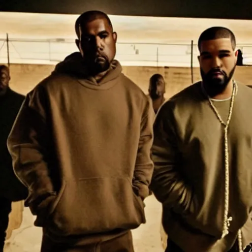 Image similar to low quality picture of a leaked and scrapped Kanye West and Drake music video