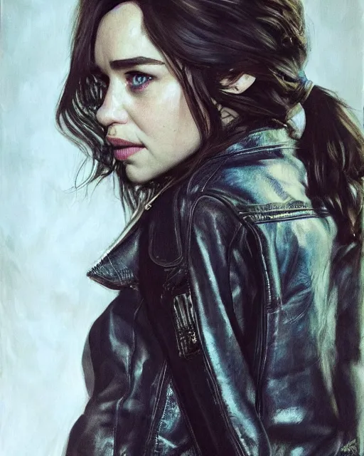 Prompt: beautiful oil on canvas portrait of beautiful Emilia Clarke with invitin expression in sons of anarchy tv show, wearing samcrow leather jacket, D&D style , highly detailed, digital art, trending on artstation, smooth, sharp focus, illustration, art by artgem and ROBERT HYNES