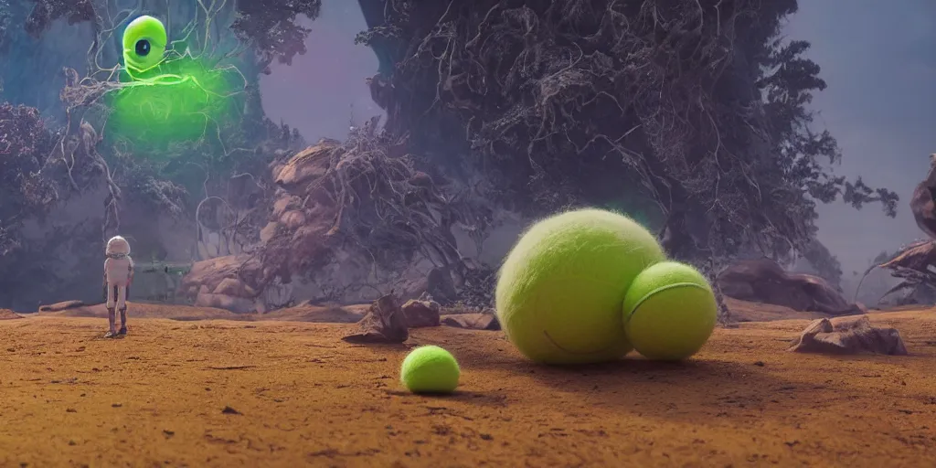 Image similar to a photo of 8 k ultra realistic tennis ball monster, tennis ball monsters, alien exotic, cinematic lighting, trending on artstation, 4 k, hyperrealistic, focused, high details, unreal engine 5, cinematic, alien planet atmosphere in background, 3 d render by basil gogos and beeple