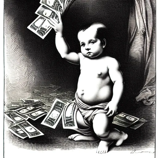 Prompt: baby smoove holding stacks of cash, biblical image, style of gustave dore, highly detailed, beautiful, high contrast, black and white