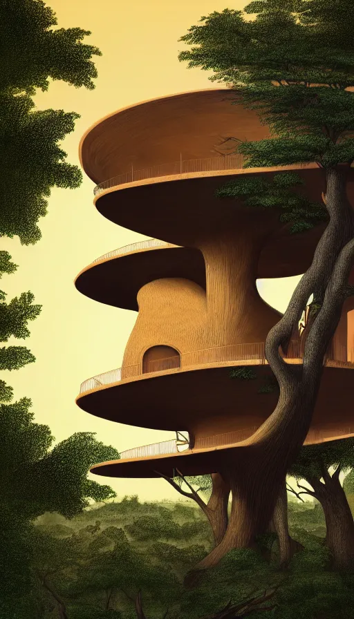 Prompt: a beautiful very detailed illustration of treehouse unfinished building by oscar niemeyer, sunset alien, archdaily, wallpaper, highly detailed, trending on artstation.