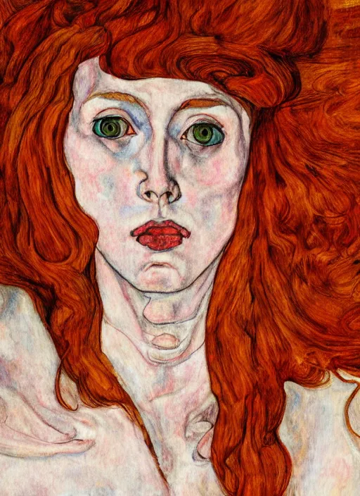 Image similar to dramatic ethereal full length illustration of a beautiful red hair woman in the art style of Egon Schiele, not realistic, sharp focus, 8k high definition, insanely detailed, intricate, elegant