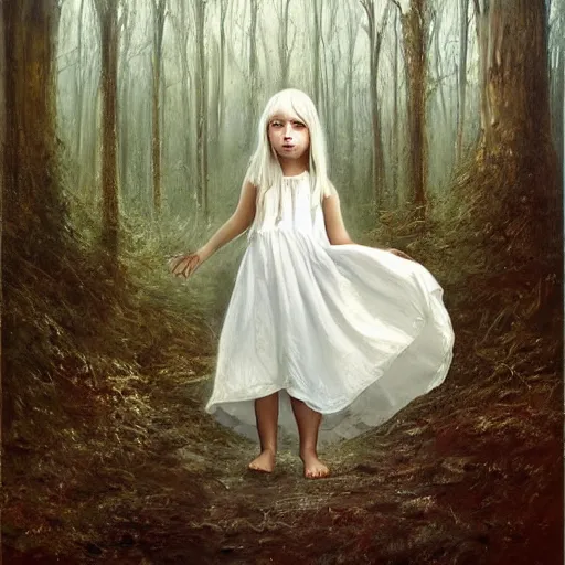 Prompt: a painting of a beautiful little girl in a white dress, white hair, bare foot, in the middle of a strange forest by Seb McKinnon