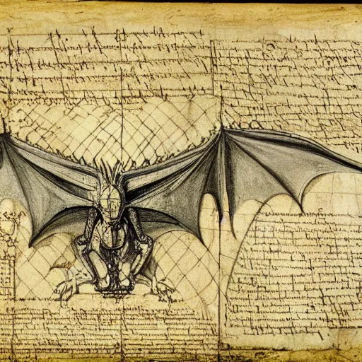 Image similar to extremely detailed anatomy sketch of a dragon with annotations by leonardo da vinci, aged parchment, scientific, technical, blueprint